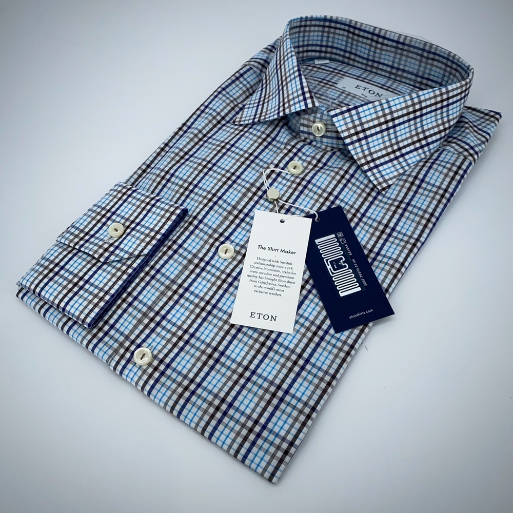 Eton Dress Shirt Mens 17 1/2 - 44 Slim Poplin Colorful Check‎ L/S Button Up